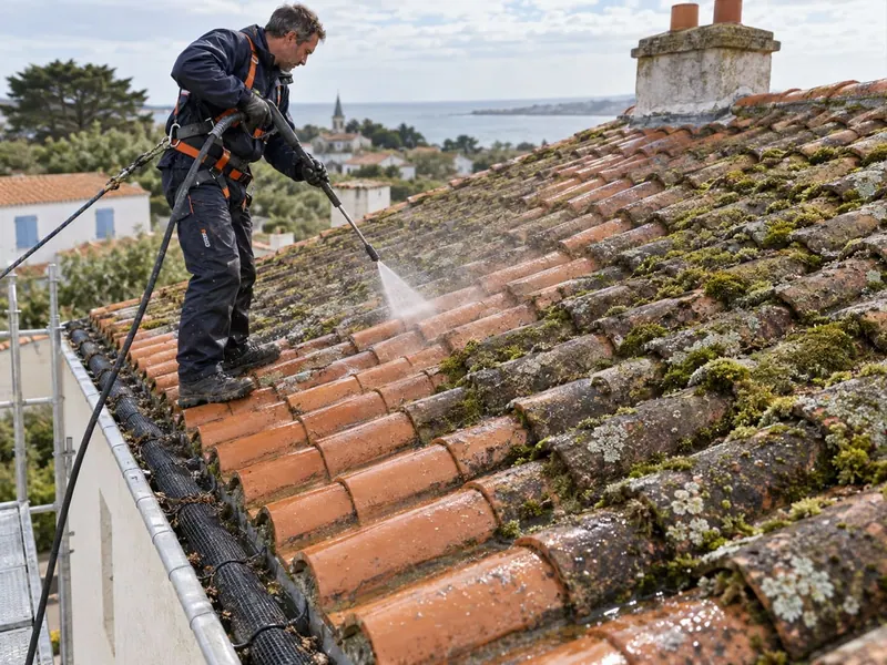 Couvreur ST Habitat nettoyant une toiture en tuiles envahie de mousses