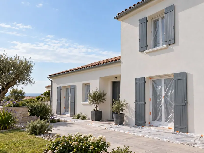 Peintre appliquant une peinture de façade blanche au rouleau depuis un échafaudage