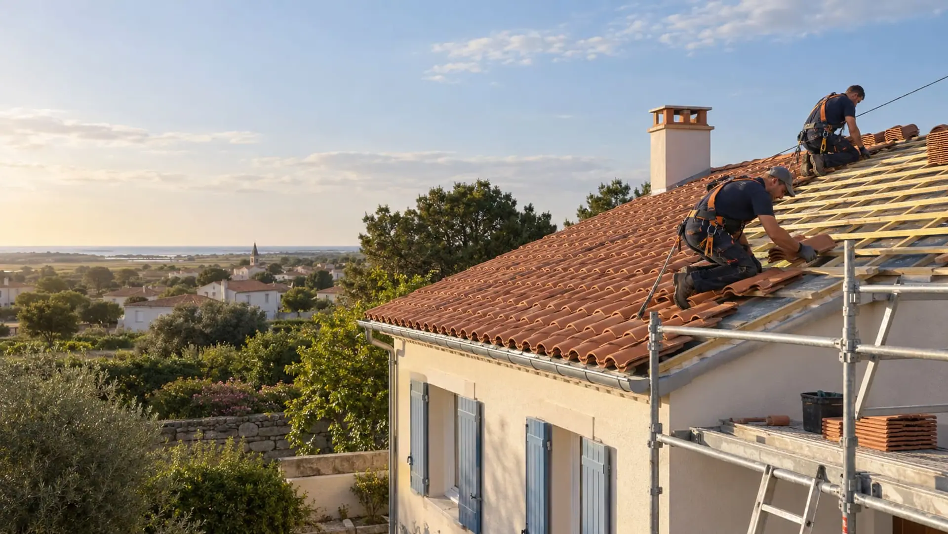 Couvreurs ST Habitat posant des tuiles neuves sur une toiture au lever du soleil en Vendée